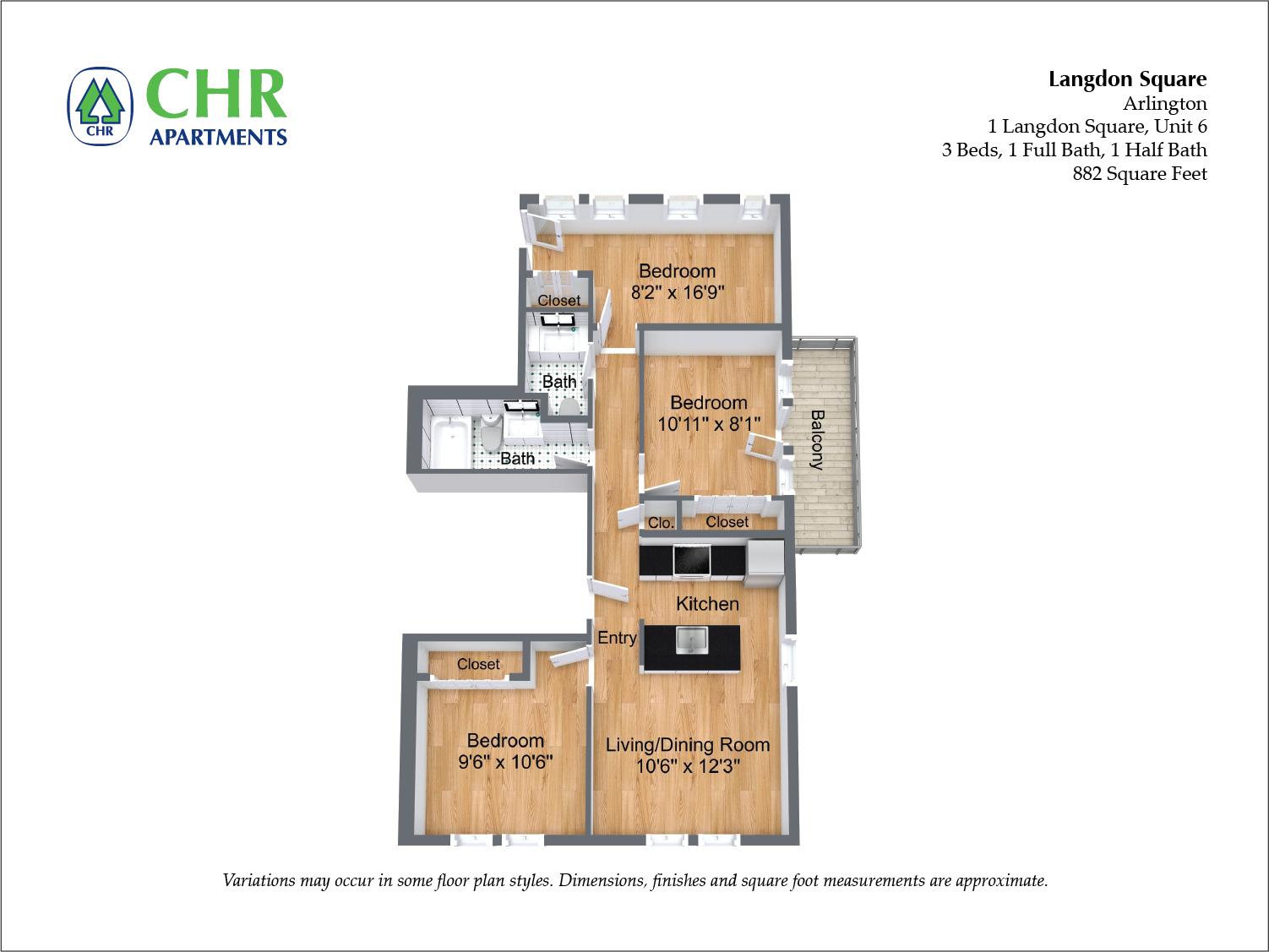 Floor plan for 3 beds, 2 baths, 1114 sqft
